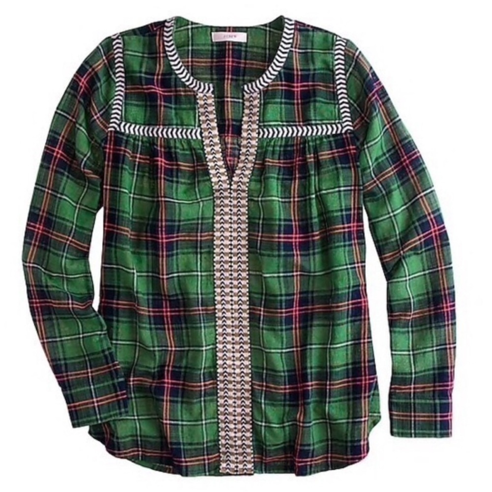 J.Crew Collection Embroidered Green Plaid Long Sleeve